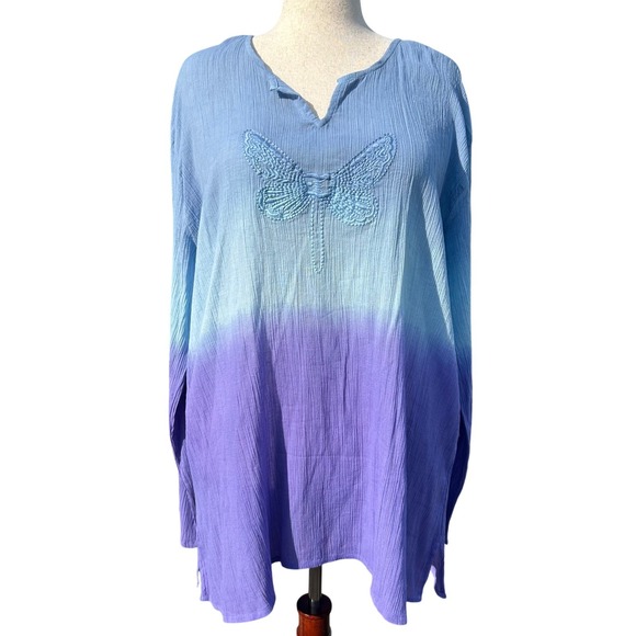 Greater Good Tops - Cotton Gauze Butterfly Embroidered Tunic Top Wms 4XL Ombre Purple Boho Beachy